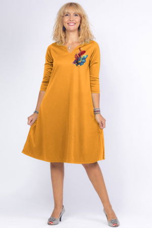 Rochii din Jerseu - Rochie galben mustar `A line` midi, cu decolteu traditional si imprimeu floare picturala
