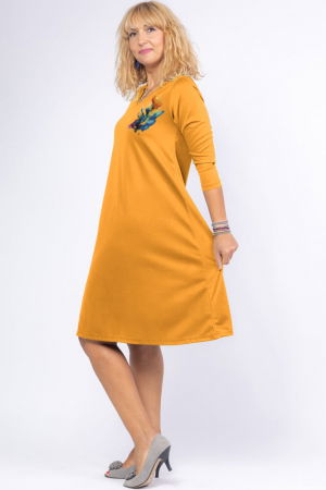 Rochie galben mustar `A line` midi, cu decolteu traditional si imprimeu floare picturala [1]