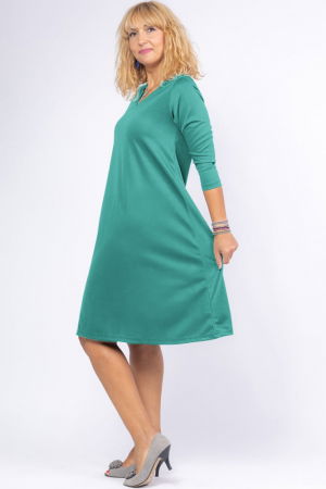 Rochie uni turcoaz `A line` midi, cu decolteu traditional [1]