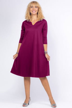 Rochii din Jerseu - Rochie uni magenta `A line` midi, cu decolteu traditional