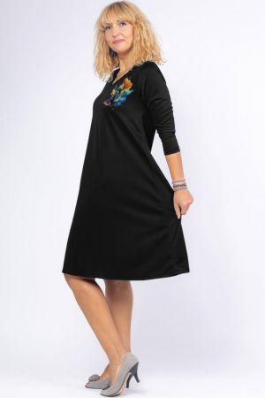 Rochie neagra `A line` midi, cu decolteu traditional si imprimeu floare picturala [1]