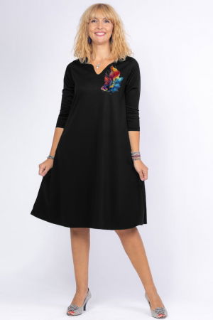 Rochii din Jerseu - Rochie neagra `A line` midi, cu decolteu traditional si imprimeu floare picturala