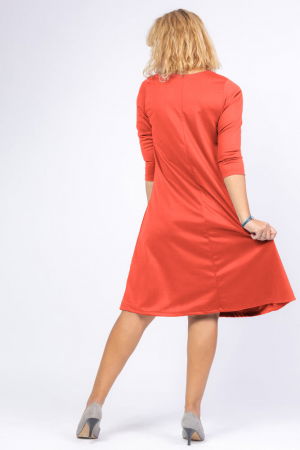 Rochie portocaliu pastel `A line` midi, cu decolteu traditional si imprimeu floare picturala [2]