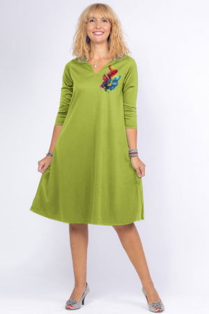 Rochii Elegante & Office - Rochie verde oliv `A line` midi, cu decolteu traditional si imprimeu floare picturala