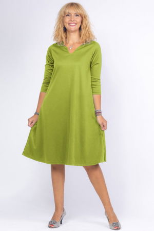 Rochii Elegante & Office - Rochie uni verde deschis `A line` midi, cu decolteu traditional