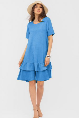 Rochie albastra `A line` midi, cu doua volane poale, din in mercerizat [1]