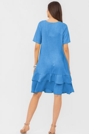 Rochie albastra `A line` midi, cu doua volane poale, din in mercerizat [2]