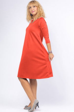 Rochie uni portocaliu pastel `A line` midi, cu decolteu traditional [1]