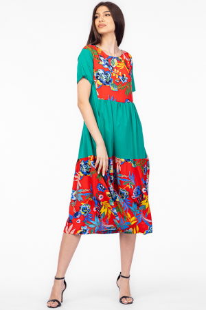 Rochie verde cu platca si doua volane, imprimeu flori tropicale, din bumbac [1]