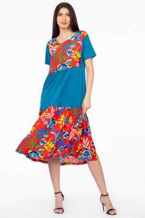 Rochii masuri mari - Rochie turcoaz cu platca si doua volane, imprimeu flori tropicale, din bumbac