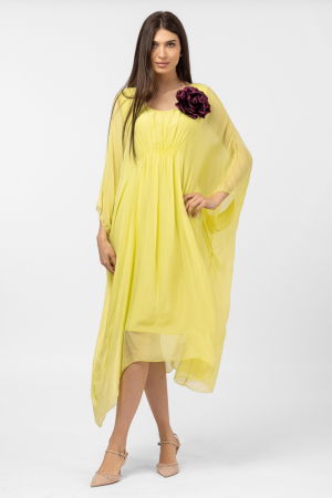 Rochii Elegante & Office - Rochie galbena, lunga, ampla, din matase si vascoza, cu detaliu sub bust, in colturi