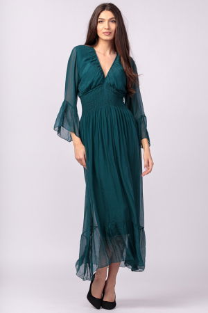 Rochii Elegante & Office - Rochie turcoaz din matase si vascoza cu banda elastica in talie si volane