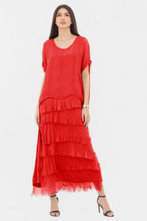 Rochie rosie din matase si vascoza cu  volane franjurate suprapuse [1]