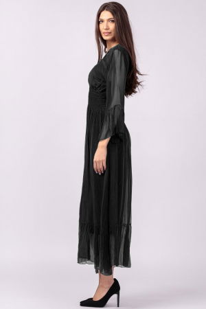 Rochie neagra din matase si vascoza cu banda elastica in talie si volane [1]