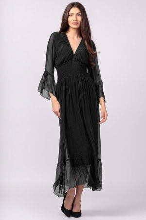 Rochii - Rochie neagra din matase si vascoza cu banda elastica in talie si volane