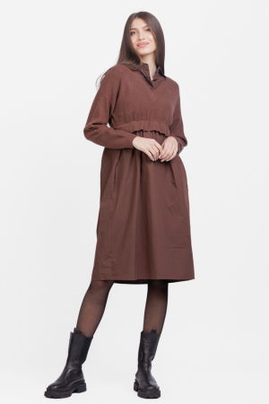 Rochii Casual - Rochie camasa din poplin de bumbac cu pulover angora, maro