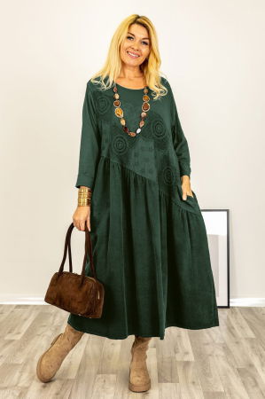 Rochii - Rochie verde inchis cu taietura oblica si broderie, din catifea reiata si jerseu, oversize