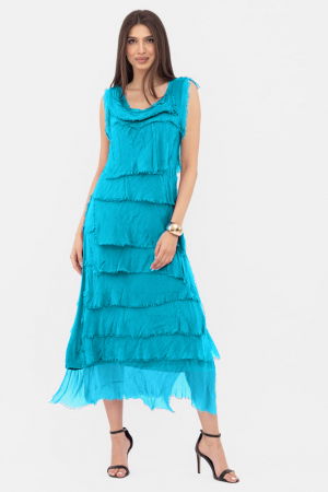 Rochii Elegante & Office - Rochie albatru azur din matase si vascoza cu  volane franjurate suprapuse, fara maneci