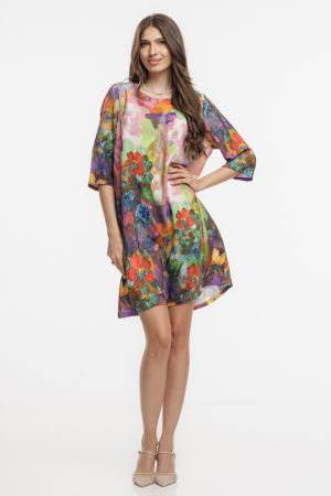 Rochii din Vâscoză - Rochie midi, dreapta, din vascoza fina, cu imprimeu pictural predominant mov