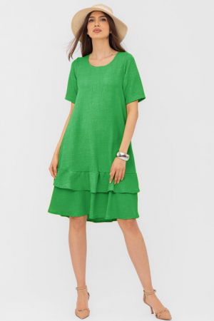 Rochii din In - Rochie verde `A line` midi, cu doua volane poale, din in mercerizat