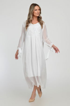 Rochii Elegante & Office - Rochie alba lunga, din matase si vascoza cu platca din dantela pe fata si pe spate