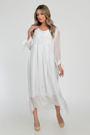 Rochie alba lunga, din matase si vascoza cu platca din dantela pe fata si pe spate [1]