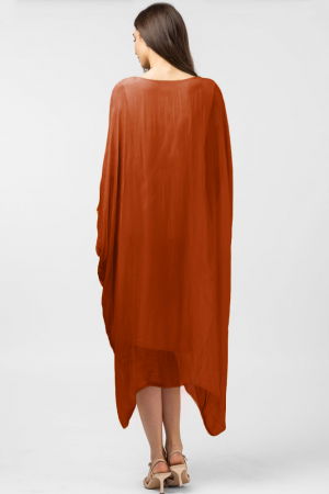 Rochie caramiziu intens in colturi, lunga, ampla, din matase si vascoza, cu detaliu sub bust [2]