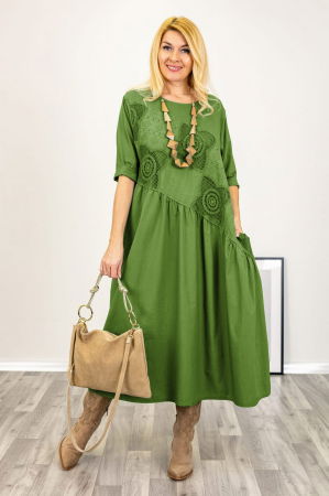 Rochii Casual - Rochie verde olive cu taietura oblica si broderie, din poplin si jerseu, oversize