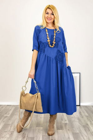 Rochii Casual - Rochie albastra cu taietura oblica si broderie, din poplin si jerseu, oversize