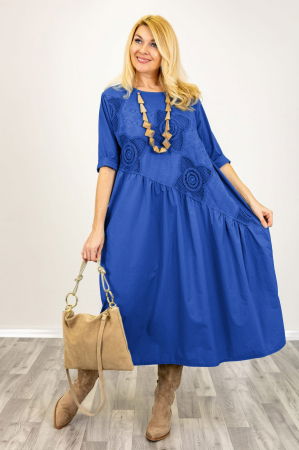 Rochie albastra cu taietura oblica si broderie, din poplin si jerseu, oversize [1]
