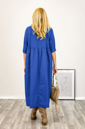 Rochie albastra cu taietura oblica si broderie, din poplin si jerseu, oversize [2]