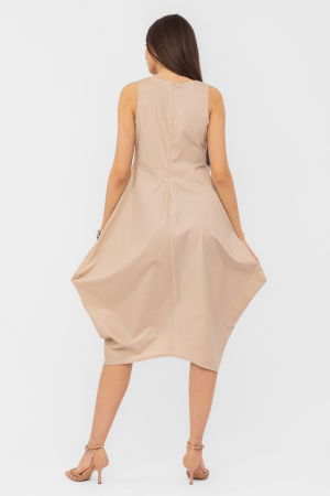 Rochie din poplin de bumbac petrecuta, cu colturi laterale, bej [3]