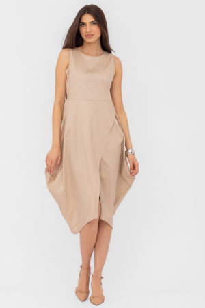 Rochie din poplin de bumbac petrecuta, cu colturi laterale, bej [2]