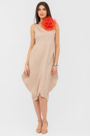 Rochii Elegante & Office - Rochie din poplin de bumbac petrecuta, cu colturi laterale, bej