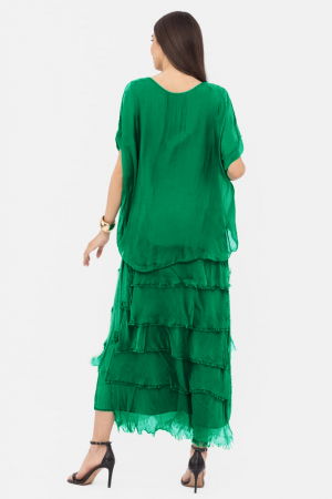 Rochie verde smarald din matase si vascoza cu  volane franjurate suprapuse [2]