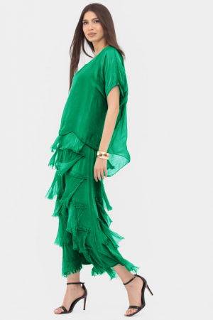 Rochie verde smarald din matase si vascoza cu  volane franjurate suprapuse