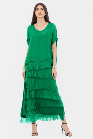 Rochie verde smarald din matase si vascoza cu  volane franjurate suprapuse [1]