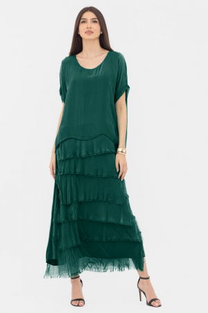 Rochii Elegante & Office - Rochie verde inchis din matase si vascoza cu  volane franjurate suprapuse