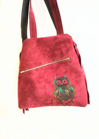 Genți si Plicuri Handmade - Rucsac Bordeaux handmade din piele naturala cu bufnita pictata