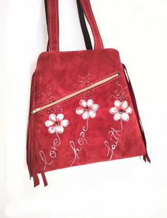 Genți si Plicuri Handmade - Rucsac Bordeaux handmade din piele naturala, cu mesaje si crizanteme