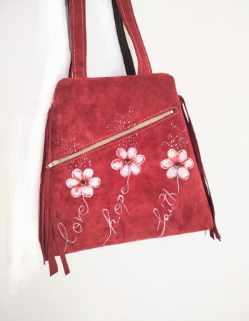 Rucsac Bordeaux handmade din piele naturala, cu mesaje si crizanteme [1]