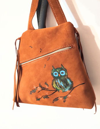 Genți si Plicuri Handmade din Piele - Rucsac din piele naturala camel ,cu bufniță