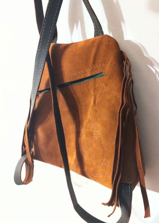 Rucsac handmade din piele naturala camel ,cu bufniță pictata [1]