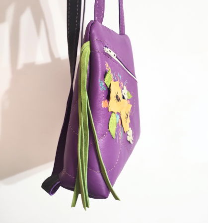 Rucsac mov din piele naturală , cu motiv floral,unicat [2]