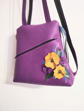 Rucsac mov din piele naturala , cu motiv floral,unicat [1]