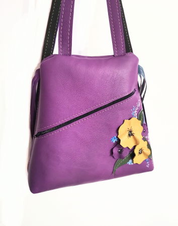 Rucsacuri Dama - Rucsac mov din piele naturala , cu motiv floral,unicat