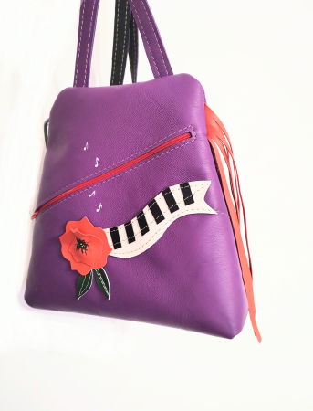 Genți si Plicuri Handmade - Rucsac mov din piele naturala ,cu pian si trandafir corai , unicat