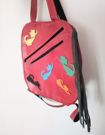 Genți - Rucsac rosu,handmade, cu pisicuțe