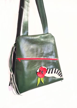 Genți si Plicuri Handmade - Rucsac verde smarald din piele naturală,cu pian și mac roșu