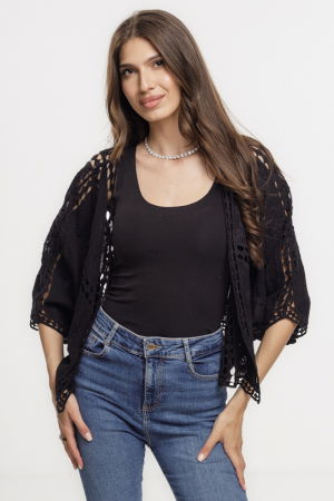 Cardigan lejer din bumbac, cu broderie sparta tip dantela, negru [2]